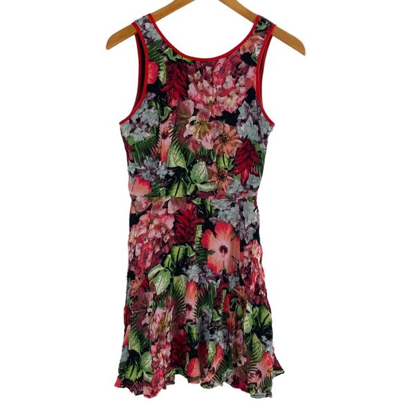Jack Vintage Hawaiian Hibiscus Cutout Fit and Flare Dress Size 2 Red Black Green - Picture 1 of 10